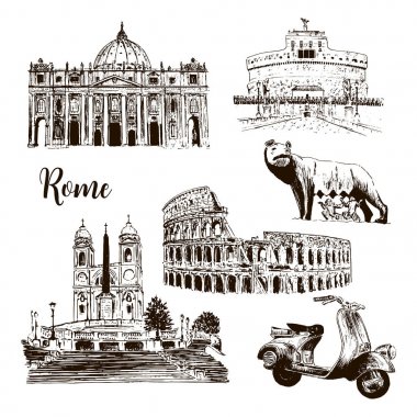 Roma mimari semboller: Coliseum, St Peter Katedrali, kurt, romulus, scooter vb çizilmiş vektör kroki çizim.