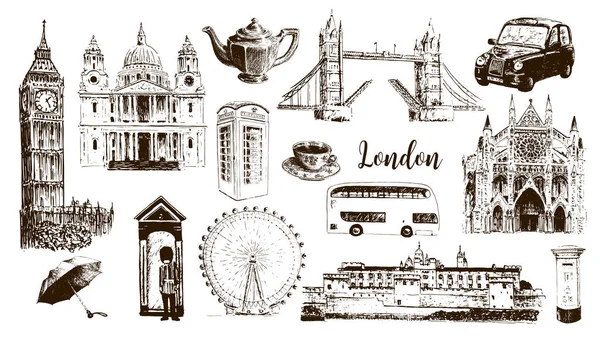 London symbols: Big Ben, Tower Bridge, bus, guardsman, mail box, call box. St. Paul Cathedral, tea, umbrella, westminster. — Stock Vector