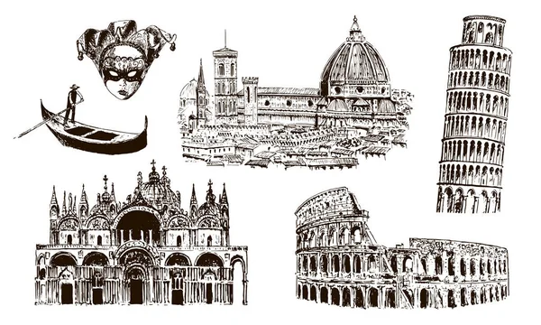İtalyan mimari semboller: Coliseum, Duomo Santa maria del fiore, Pisani kule, Basilica di San Marco, gondol, carnaval maskesi. çizilmiş vektör kroki çizim