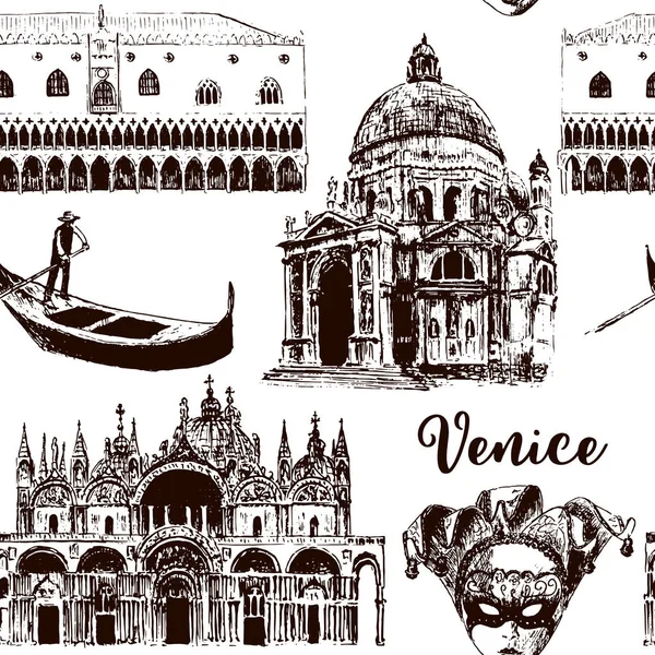 Symboles architecturaux de Venise ensemble vectoriel motif sans couture : masque de carnaval, palais, basilique, San Marco, gondole. esquisse — Image vectorielle