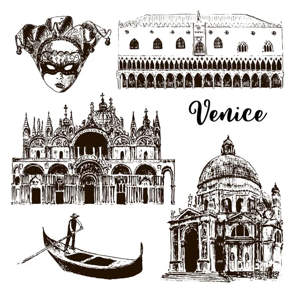 Venecia símbolos arquitectónicos: máscara de carnaval, palazzo, basílica, San Marco, góndola etc dibujado ilustración vectorial bosquejo — Vector de stock