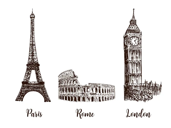 Paris, Londres Rome. Ensemble de symboles des capitales européennes. Tour Eiffel, Colisée, Big Ben — Image vectorielle