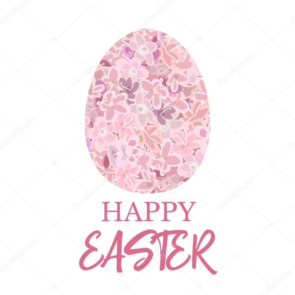 Happy Easter. Decorated pink flat egg decorated pink flowers carnation, crane's-bill or meadow geranium wildflower,