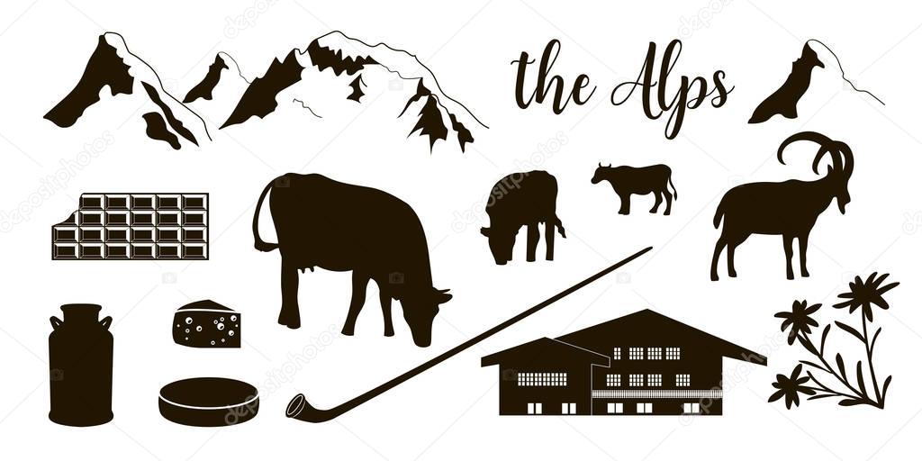 The Alps flat icons. Mountain Matterhorn, Alpine ibex, chalet, edelweiss flowers, alpenhorn