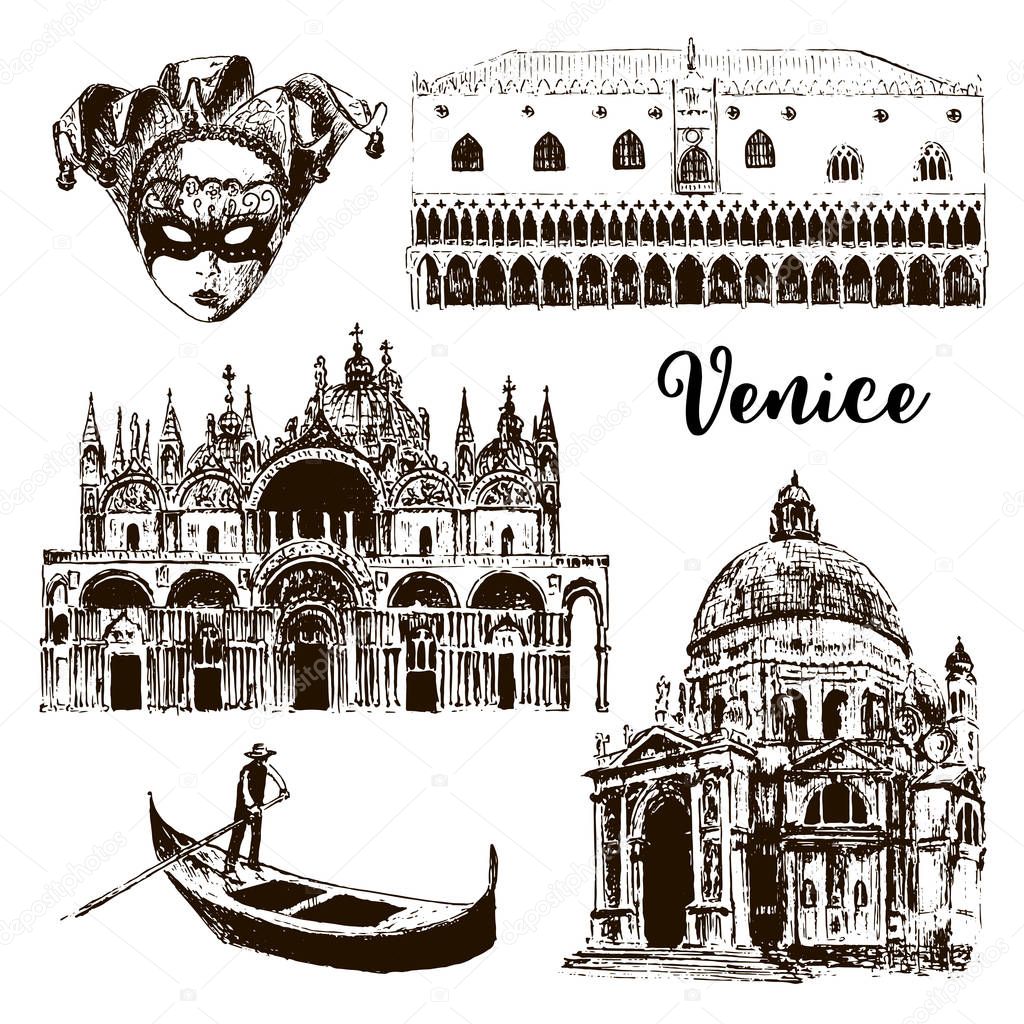 Venice architectural symbols: Carnival mask, palazzo, basilica, San Marco, gondola etc drawn vector sketch illustration