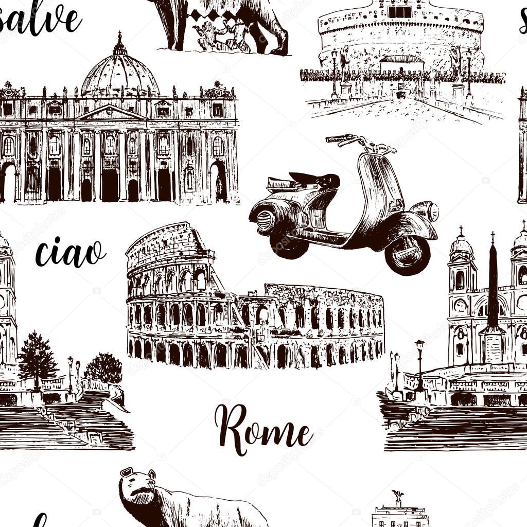 Rome sightseeing seamless pattern set
