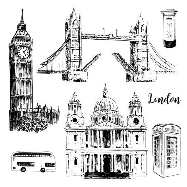 Londra sembolleri: St. Paul Katedrali, Big Ben ve Tower Bridge. Güzel elle çizilmiş vektör kroki çizim.