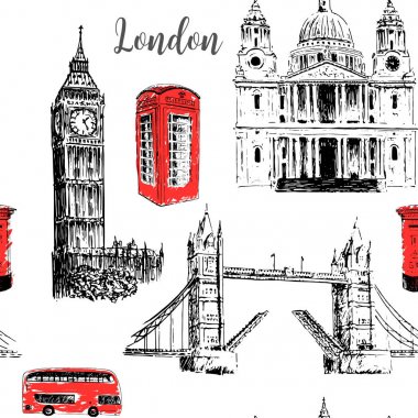 Londra sembolleri: St. Paul Katedrali, Big Ben ve Tower Bridge. Güzel elle çizilmiş vektör kroki çizim.