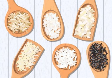 Different types of rice in wooden spoons. Basmati, wild, jasmine, long brown, arborio, sushi clipart