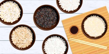 Pirinç kase farklı türleri. Basmati, vahşi, Yasemin, arborio, suşi. yemek çubukları.