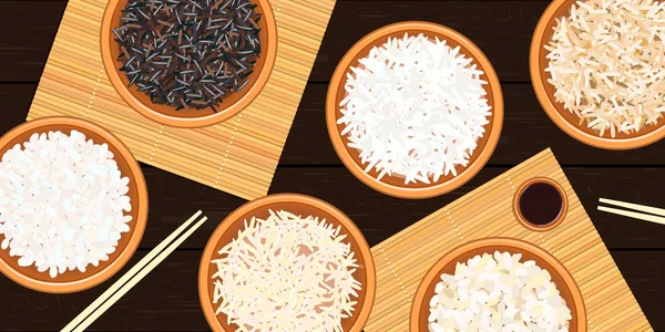 Diversi tipi di riso in ciotole. Basmati, selvatico, gelsomino,, sushi. bacchette. tappeti, zuppiera — Vettoriale Stock