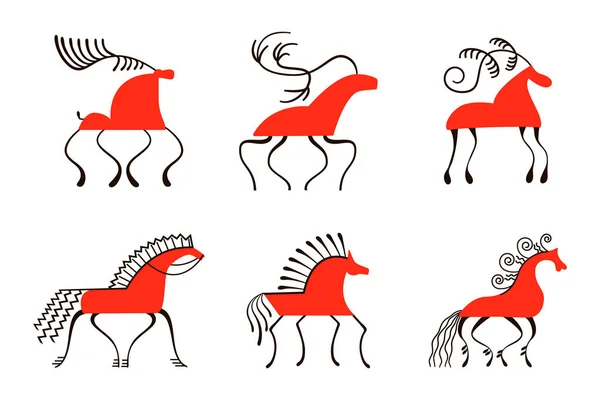 Set of six red horses. National northen paintings. Folk handicrafts. Enchanting original ornaments. Simplicity — Stock Vector