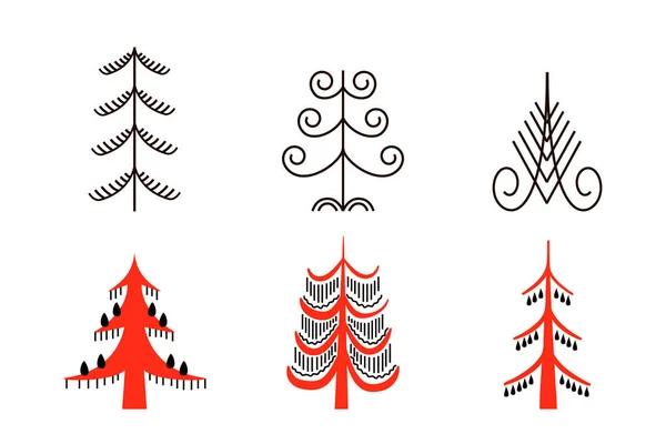 Set of six red trees. National northen paintings. Folk handicrafts. Enchanting original ornaments. Simplicity. flat oak, ash, pine, — Stock Vector