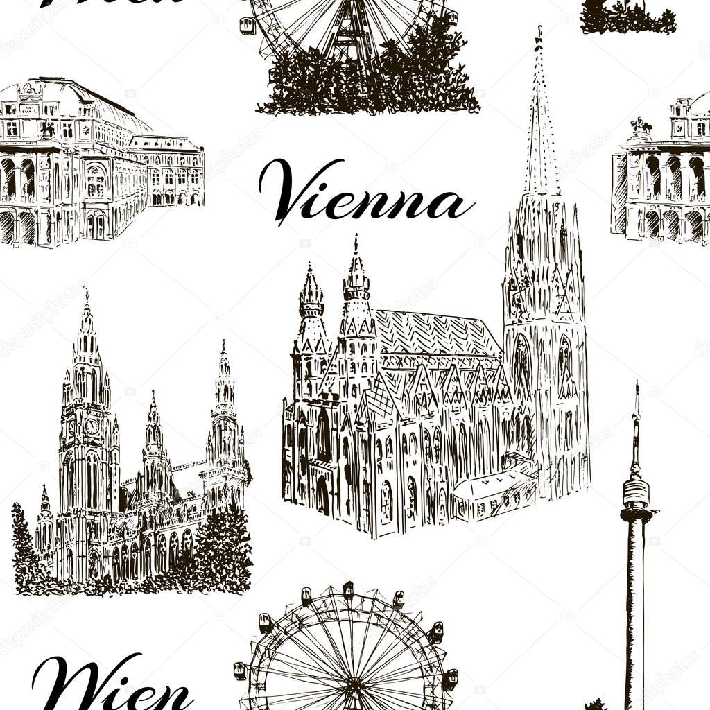 Set of Vienna symbols seamless pattern vector set. Donauturm, Stephansdom, Rathaus, Prater, Vienna State Opera House.