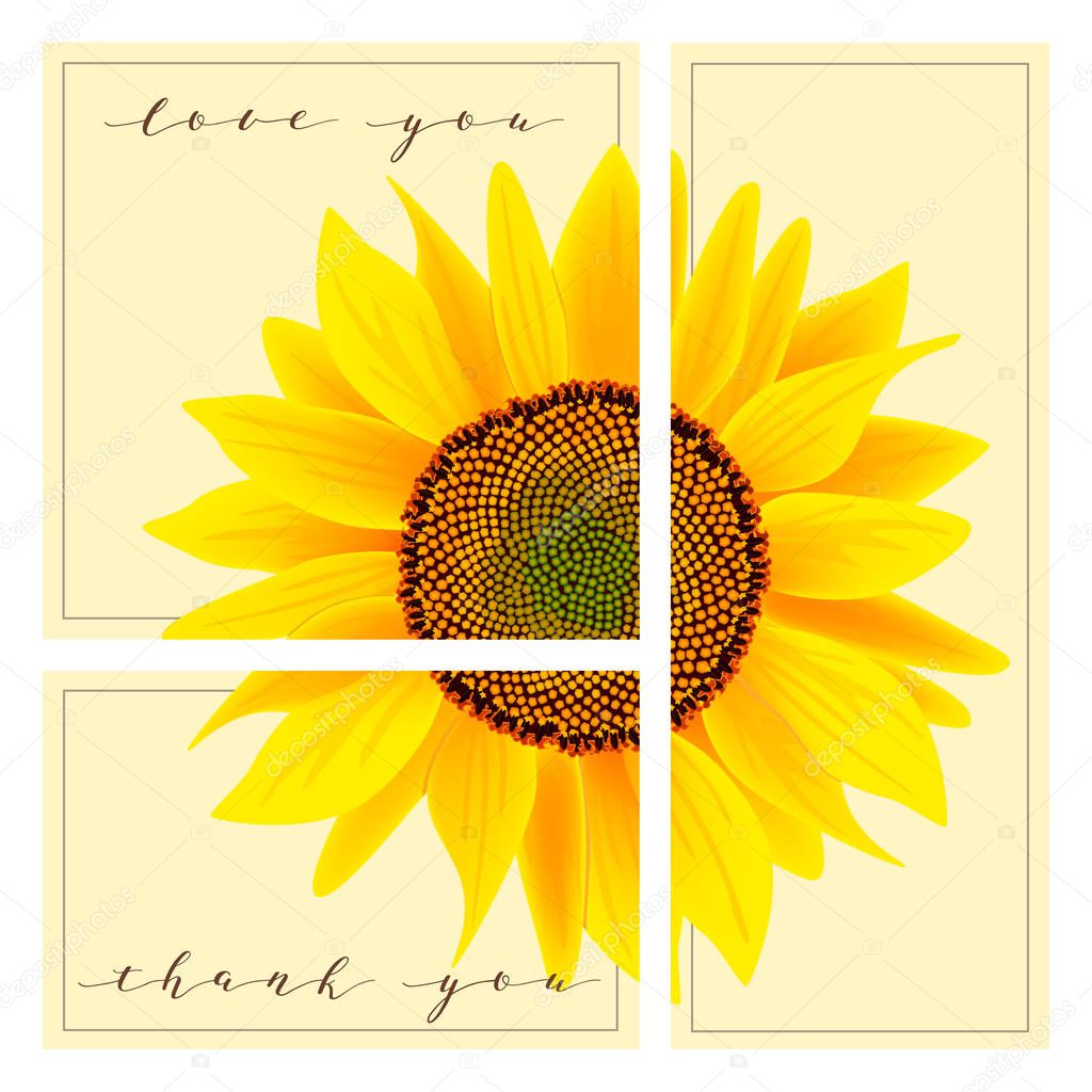 set of cards with words love you and thank you, sunflower on the background