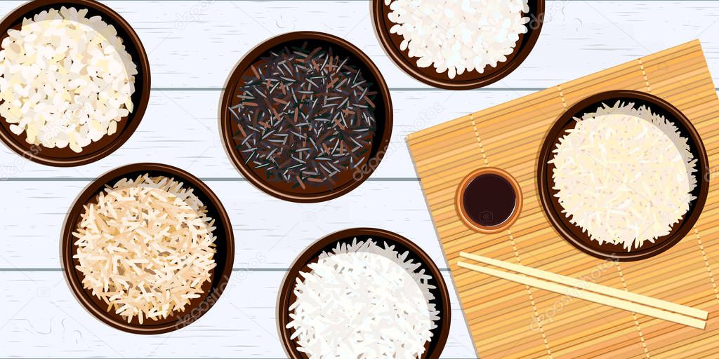 Different types of rice in bowls. Basmati, wild, jasmine, arborio, sushi. chopsticks.