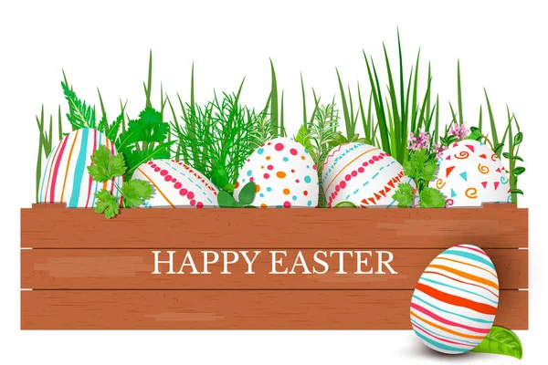 Buona Pasqua. Uova di Pasqua colorate in fila in cassa di legno marrone con erbe da cucina. scatola con ornamenti semplici . — Vettoriale Stock