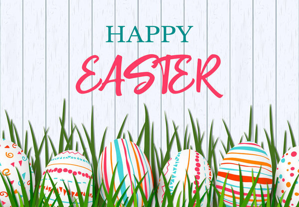Happy Easter. Easter colorful eggs in row with different simple colorful ornaments. white wooden scandinavian