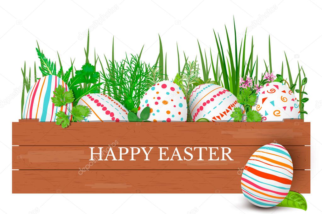 Happy Easter. Easter colorful eggs in row in brown wooden crate with cooking herbs. box with simple ornaments.