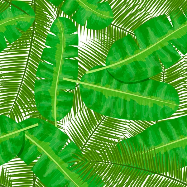 Palmeira de coco e palmeira de banana deixa padrão sem costura. modelo de rótulo. Ilustração vetorial com motivo trópico —  Vetores de Stock