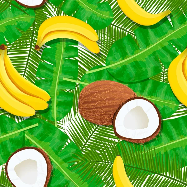 Kokos, banány a palm listy vzor bezešvé. Zralé a šťavnaté. Popis šablony. — Stockový vektor