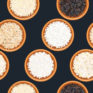 Pirinç kase koyu ahşap arka plan üzerinde farklı türleri. seamless modeli. Basmati, vahşi, uzun kahverengi arborio, suşi.