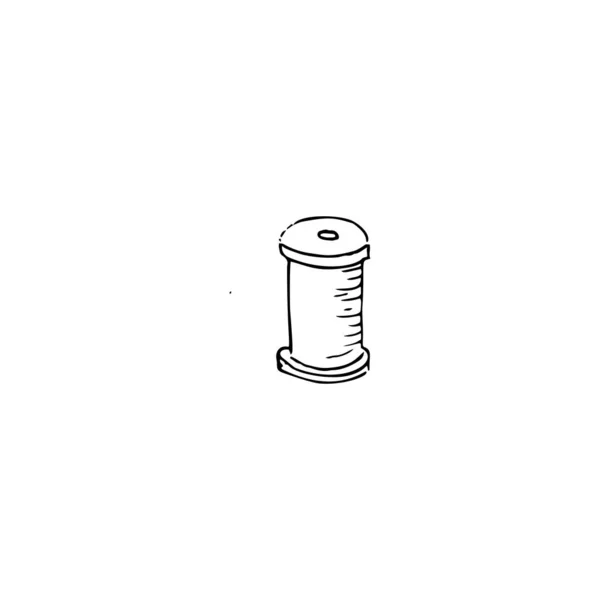 Carrete con hilos, botón de costura y dedal aislado sobre fondo blanco. Dibujo vintage de tinta pluma — Vector de stock