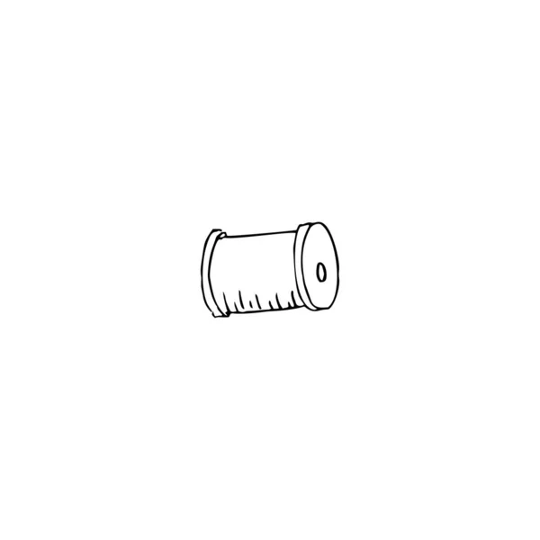 Spool with threads, sewing button and thimble isolated on white background. Ink pen vintage sketch — Stok Vektör