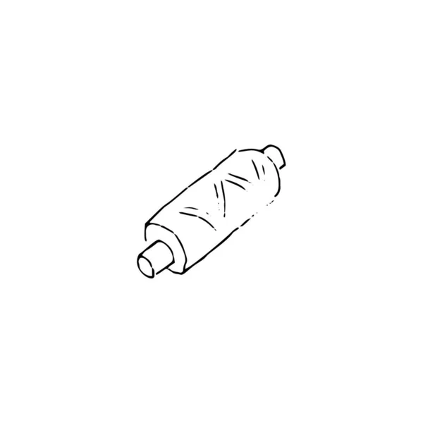 Катушка с нитками, швейная пуговица и наперсток изолированы на белом фоне. Винтажный эскиз чернильной ручки — стоковый вектор