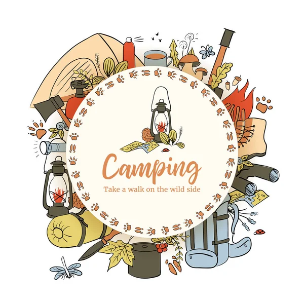 Camping round badge with text. template. Take a walk on the wild side. Animal traces. Hiking icons colored sketch style set. — Stock Vector