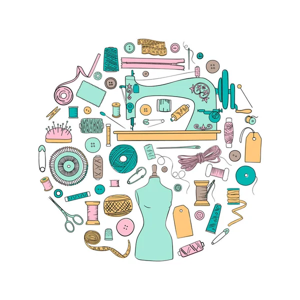 Sewing set in bauble shape. Threads, pins, needles, patch, zipper. For wrapping, tailor shop, Royalty Free Stock Illustrations