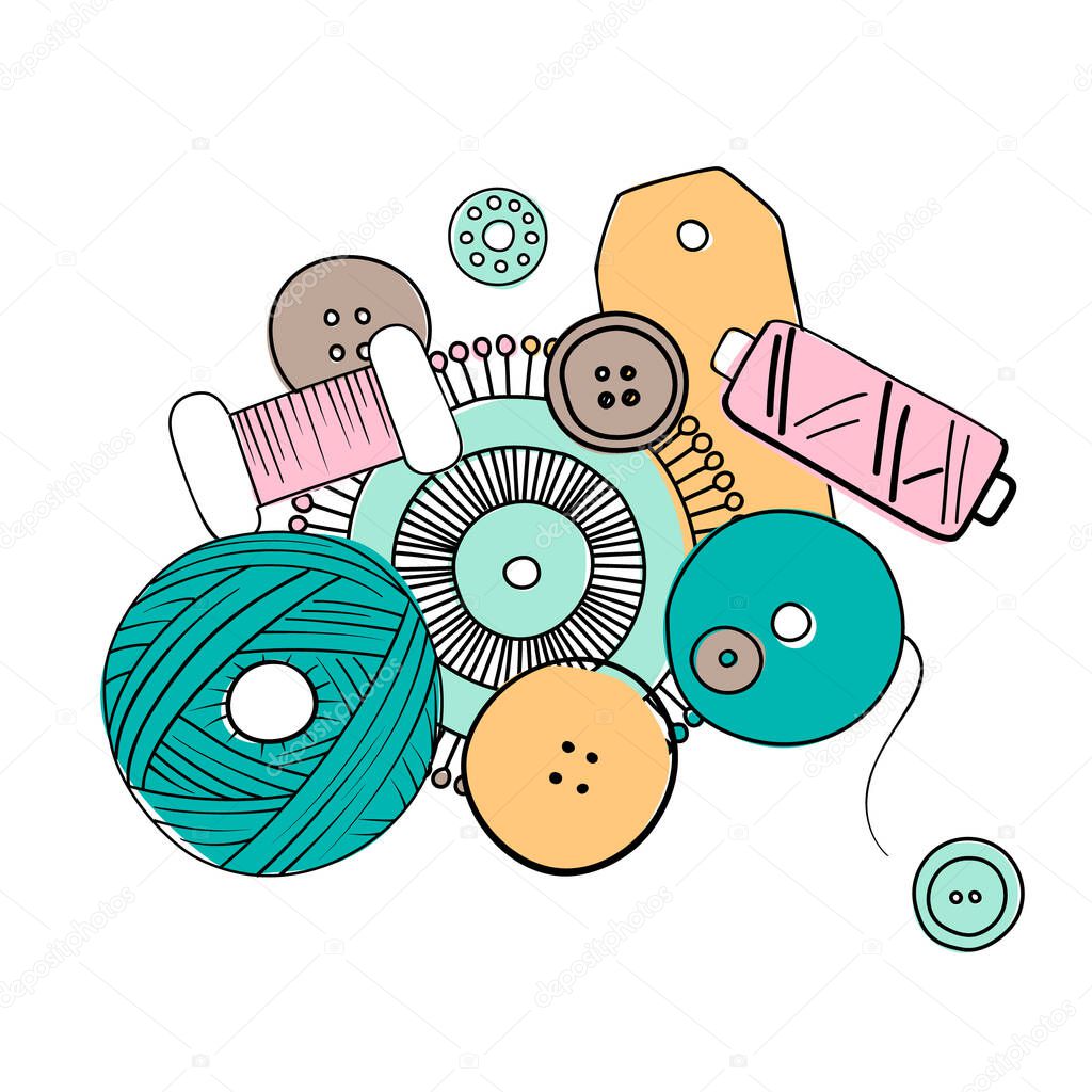 Sewing threads set as a multicolored background close up silhouette ink pen. Hand drawn engraving illustration, buttons,