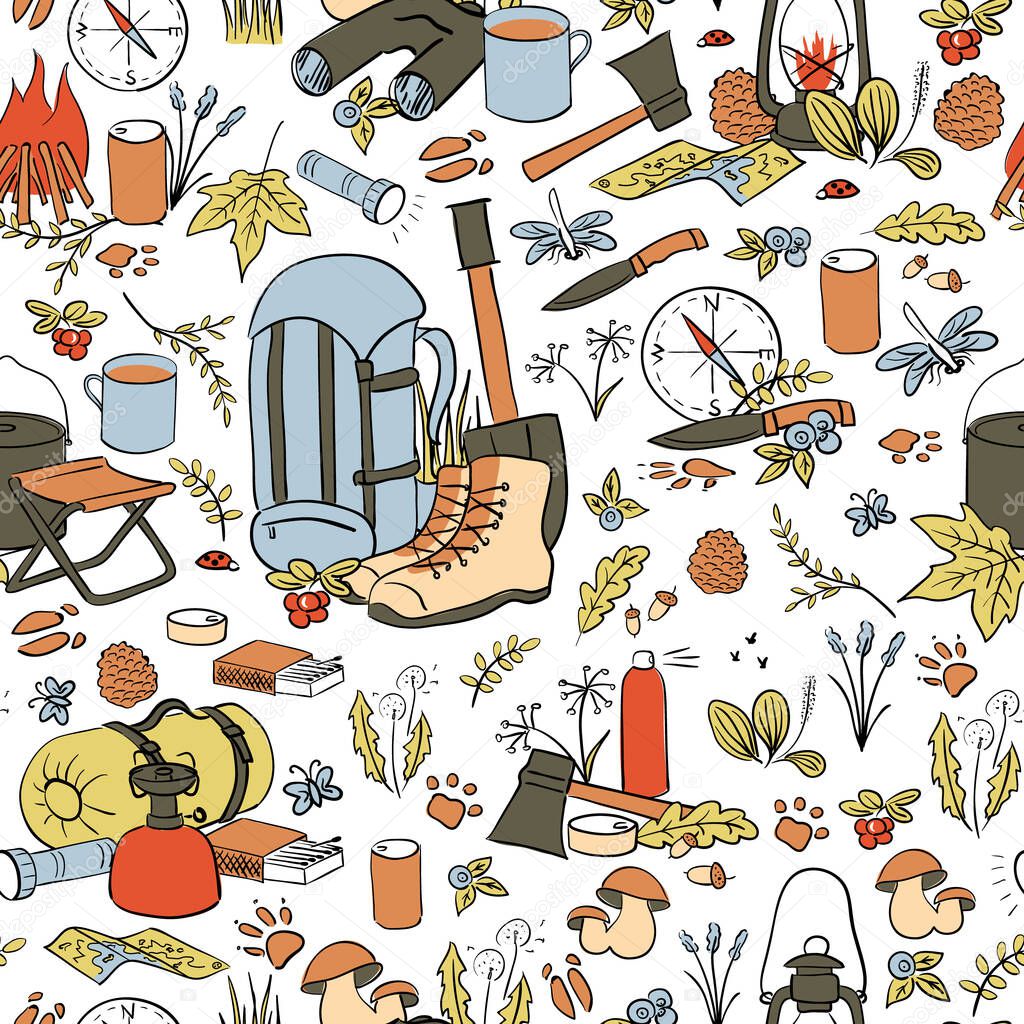 Camping set seamless pattern template. Hiking icons colored sketch style set. copy space. Vector illustration