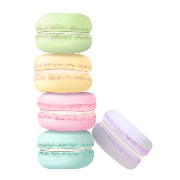 Guapos macaroons torre Pastel macaron o macaroon. Azul, rosa, amarillo y verde. Ilustración vectorial . — Vector de stock