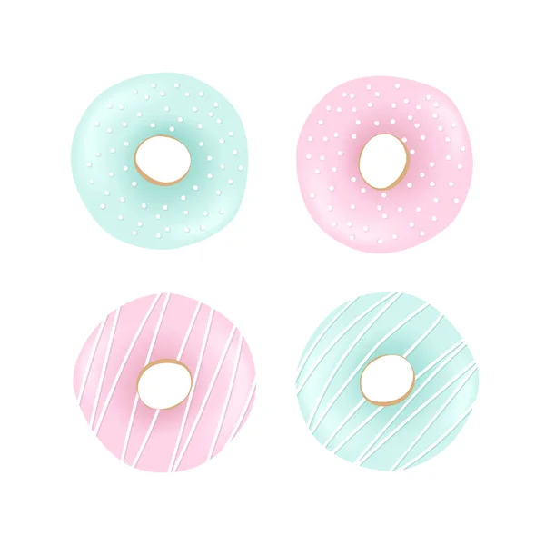 Doce Donuts conjunto com gelo azul e rosa e polvilhas — Vetor de Stock