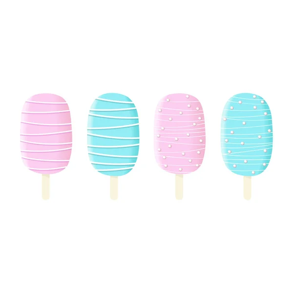 Conjunto de sorvete de pau, glacê azul e branco com listras e molho Carne doce de verão , — Vetor de Stock