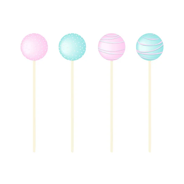 Süßigkeiten - Lutscher isoliert auf weiß gesetzt. blaue und rosa Zuckerguss und Streusel, Streifen und Punkte. — Stockvektor