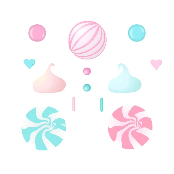 Conjunto de dulces de confección. Melones blancos y rosados, piruletas, glaseado, diferentes ingredientes para pasteles y pasteles , — Vector de stock