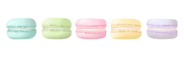 Macaroni deliziosi in una serie di fila. Macaron dolci alle mandorle francesi . — Vettoriale Stock