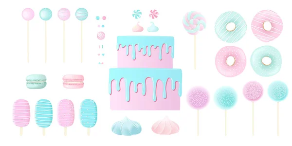Süßigkeiten-Set vorhanden. blaue und rosa Marshmellows, Lutscher, Donuts, Zuckerguss, verschiedene Toppings — Stockvektor