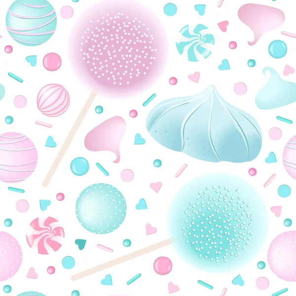 Süßigkeiten nahtlose Muster gesetzt. weiße und rosa Marshmellows, Lutscher, Zuckerguss, — Stockvektor