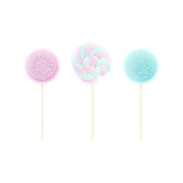 三片Lollipops粉红色，蓝色，彩虹漩涡设置隔离在白色。 结冰和洒水，矢量图解. — 图库矢量图片