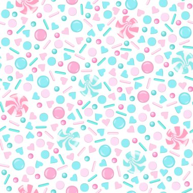 Gül ve mavi tatlı serpintiler pürüzsüz desen. İnci şekeri, şeker, lolipop, kalp, krema