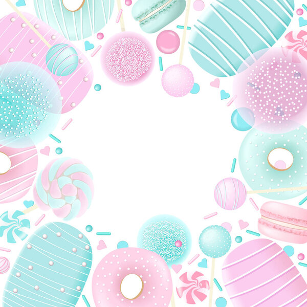 Boxing label sweets template. vector illustration. Confectionery set. Macaroon, marshmallow, donuts,