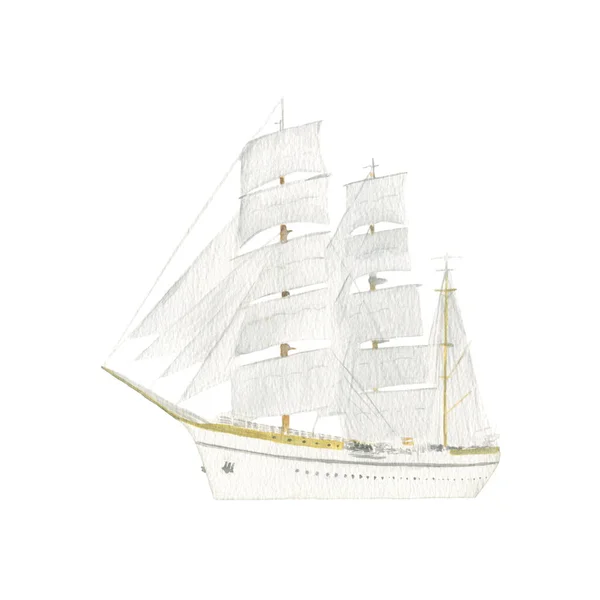 美丽的水彩画复古白色帆船 船帆齐放 航行年代 — 图库照片#