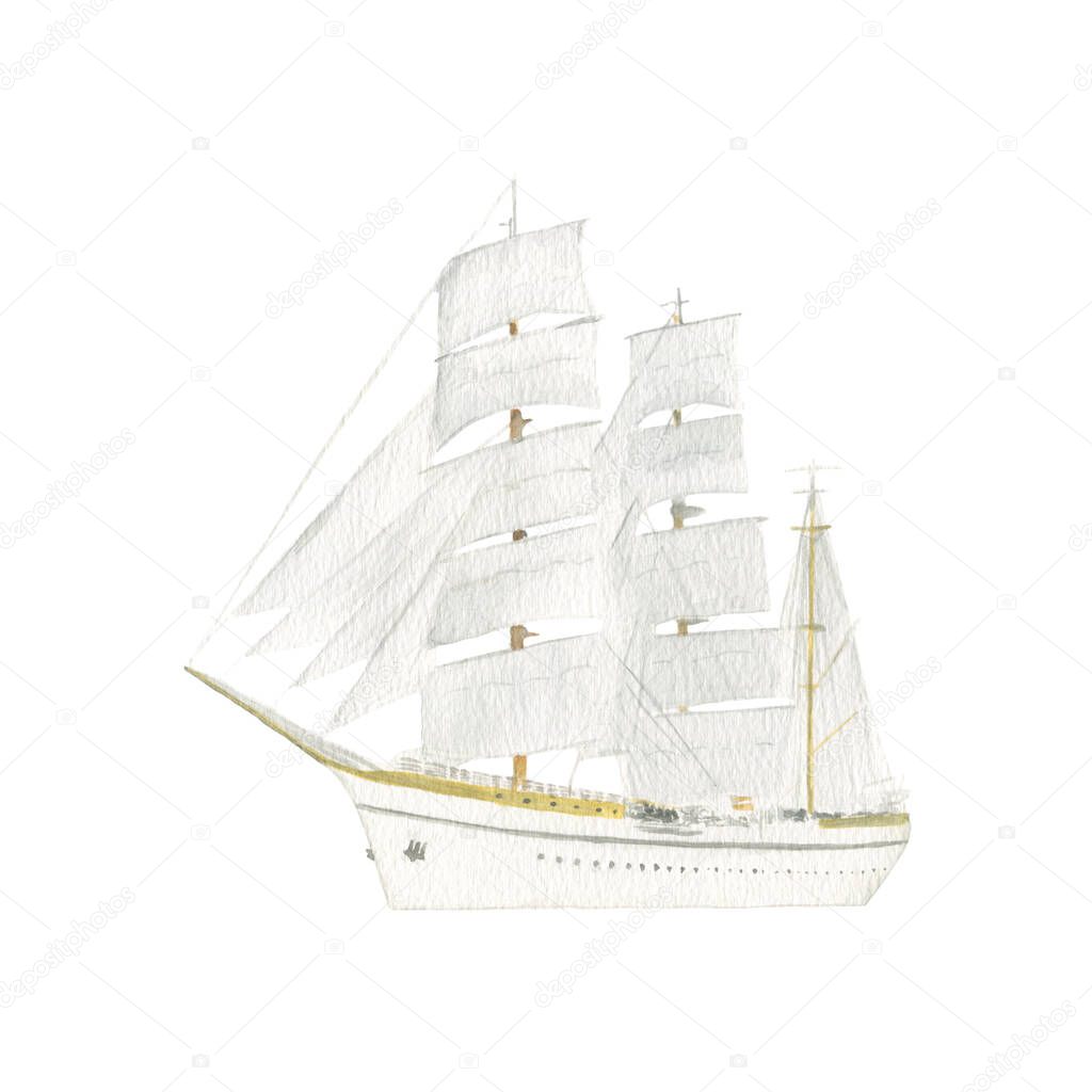 Beautiful watercolor retro white sailing ship with set sails. Cruise. Sailing, Yacht, sloop, schooner, Windjammer, clipper. voyage, Age of sail, For prints, posters logo web cloth