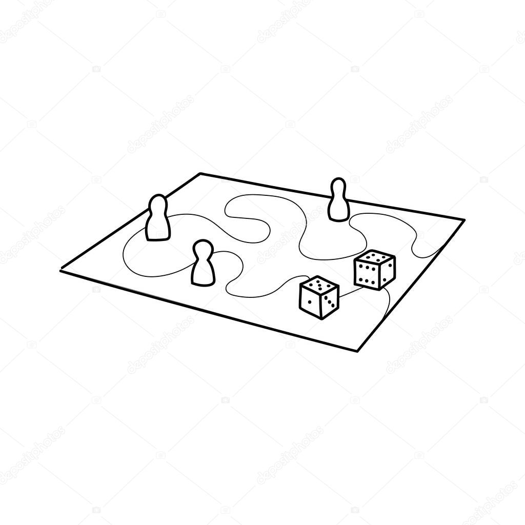 Various board games and many figurines background. Dice, chart, map, silhouettes hand drawn illustration