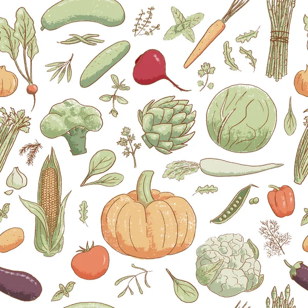 Dibujado a mano populares verduras estilo vintage de dibujos animados y hierbas refrigeradas, patrón sin costura vector — Vector de stock