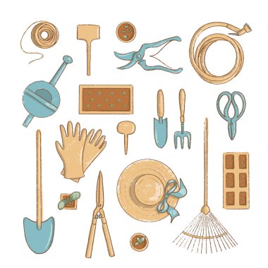 Üst manzara bahçe ikonu seti. Yararlı bahçe aletleri koleksiyonu maça, şapka vs. çizgi film klasik tarzı