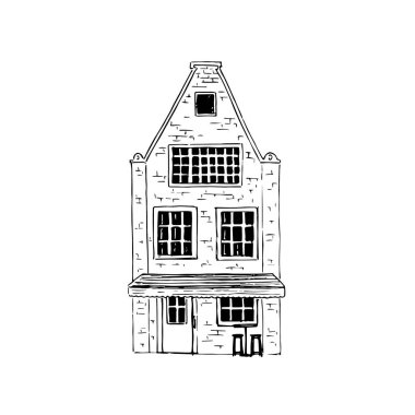 Eski ev, villa, malikane, kır evi, klasik illüstrasyon, tuğla bina silueti çizilmiş el resmi. Mürekkep kalem çizimi